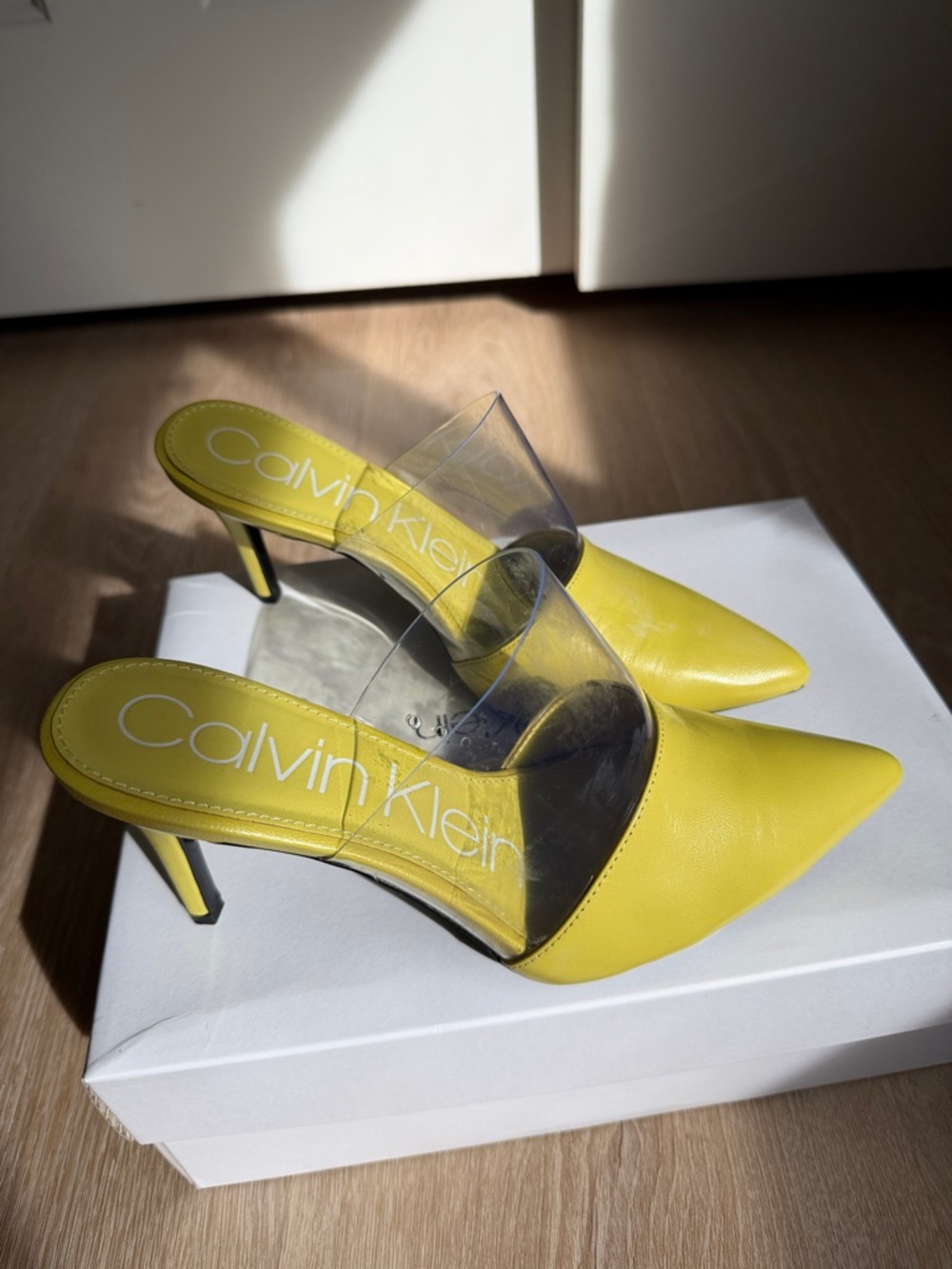 Calvin Klein Yellow Pointed Mule Heels with Clear Band